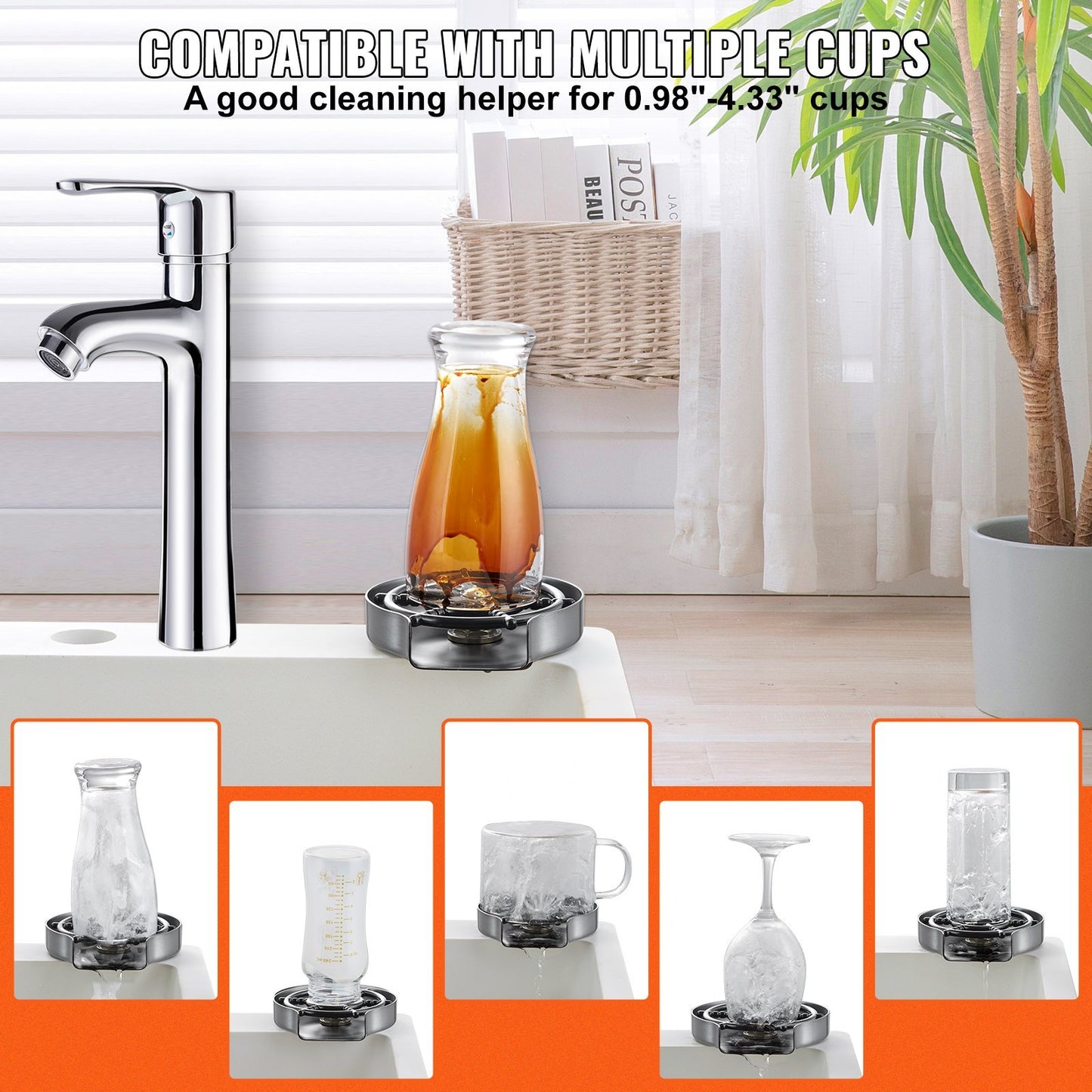 Glass Rinser, 10 Powerful Spraying Jets 360  Rotating Cup Rinser For Sink, 304 Stainless Steel Faucet Cup Washer With ABS Cup Holder For Baby Bottle, Glass Cup, Wine Glass