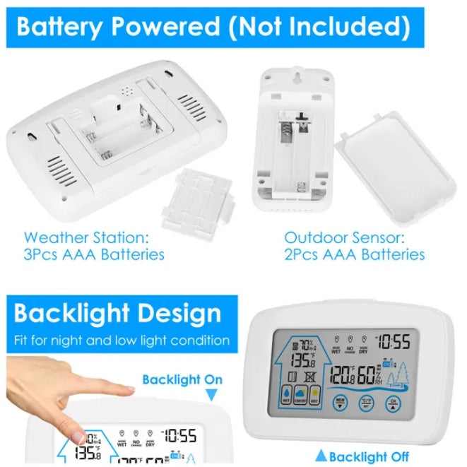 Wireless Weather Station With Clock 196FT Range Indoor And Outdoor Thermometer