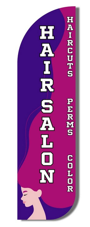 Swooper flag for a hair salon with purple and pink design.