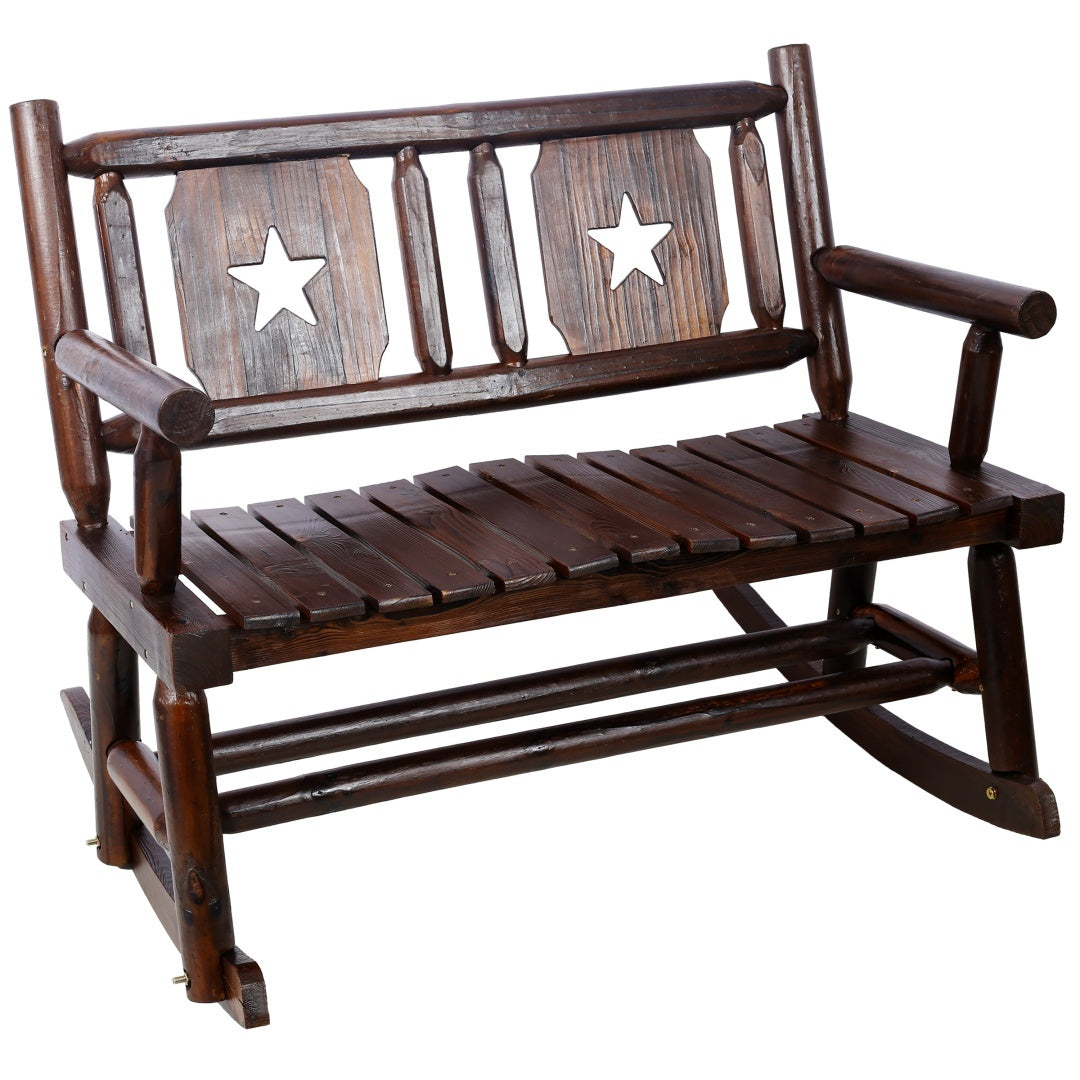 Outdoor Solid Wood Rocking Chair Bench Carbonized Double Rocking Chair For 2 People With Wide Curved Seat For Porch, Garden, Backyard, Rustic Brown