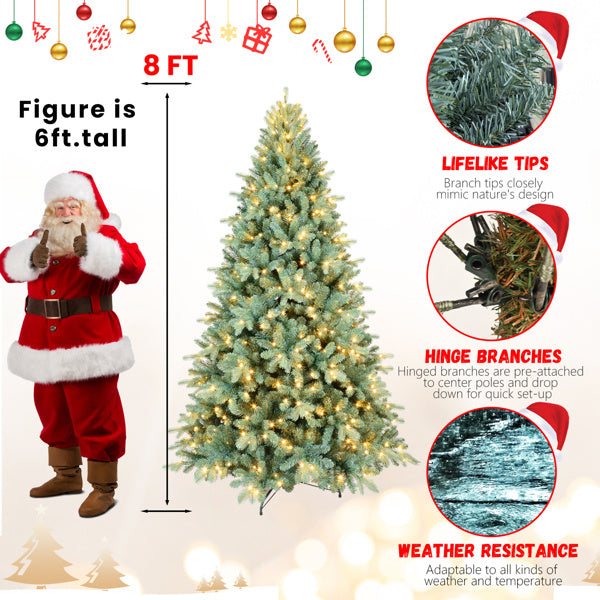 Artificial 8ft Blue Green Tint Christmas Tree With 2458 PE PVC Mixed Branch Tips, 650L Warm White Led, Memory Wire Iron Wire, Hinged Premium & Foldable Base For Indoor Holiday Decorating