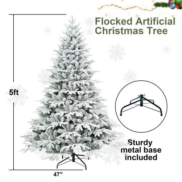 Artificial 5ft Flocked Christmas Tree With 1419 PE PVC Mixed Branch Tips, 300L Warm White Led, Steel Wire Wire, Hinged Premium & Foldable Base For Indoor Holiday Decorating