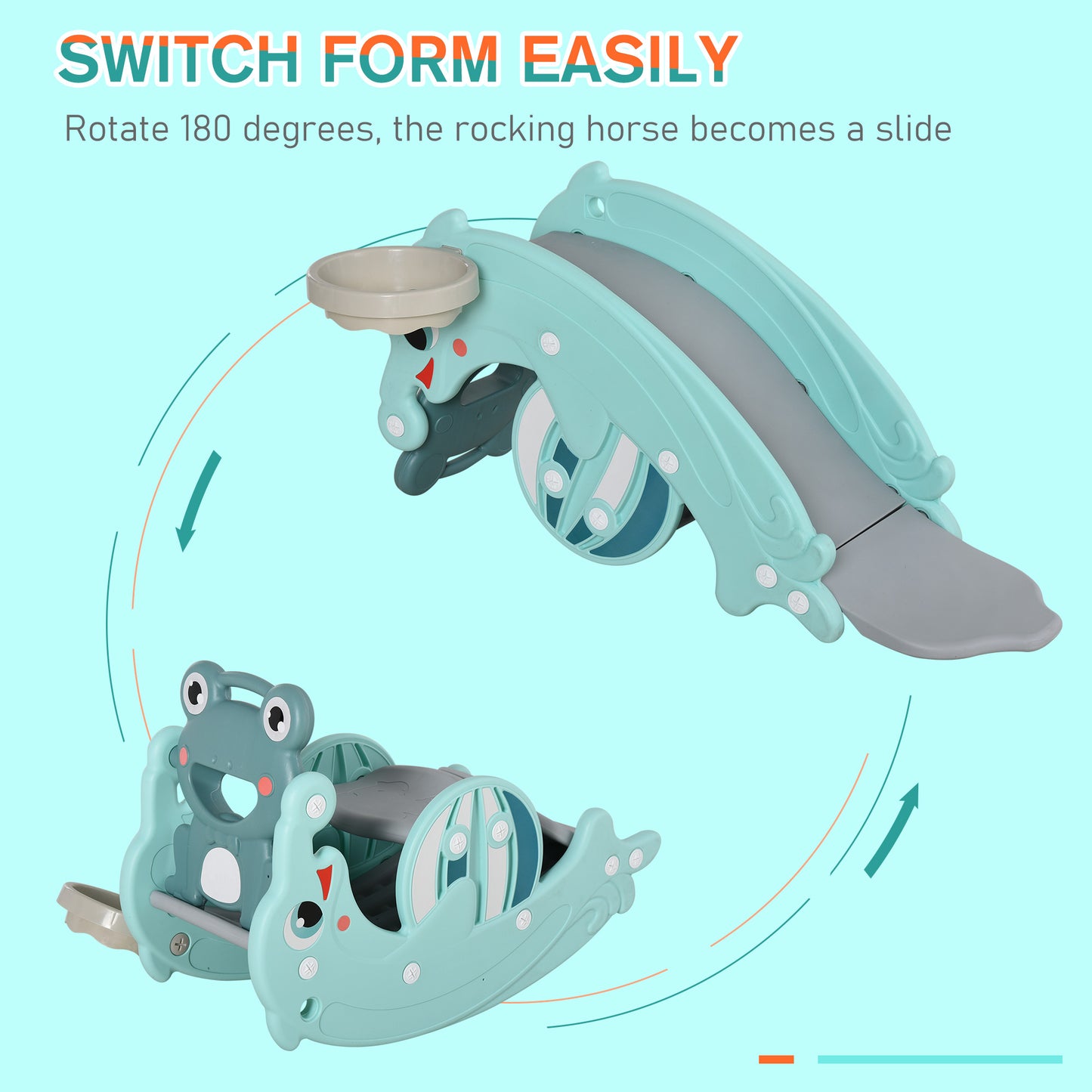 Children's rocking horse that can be rotated to become a slide on a light blue background.