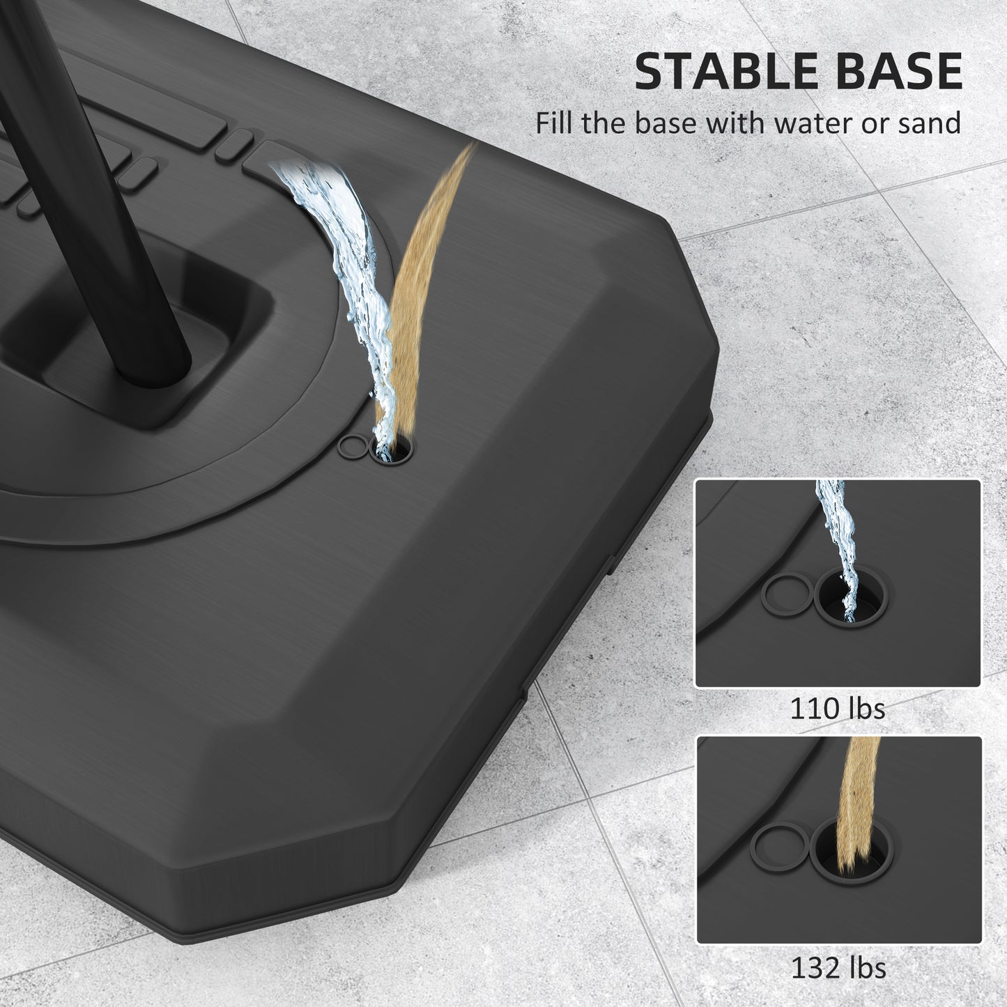 Black stable base with water or sand filling feature on a tiled floor.