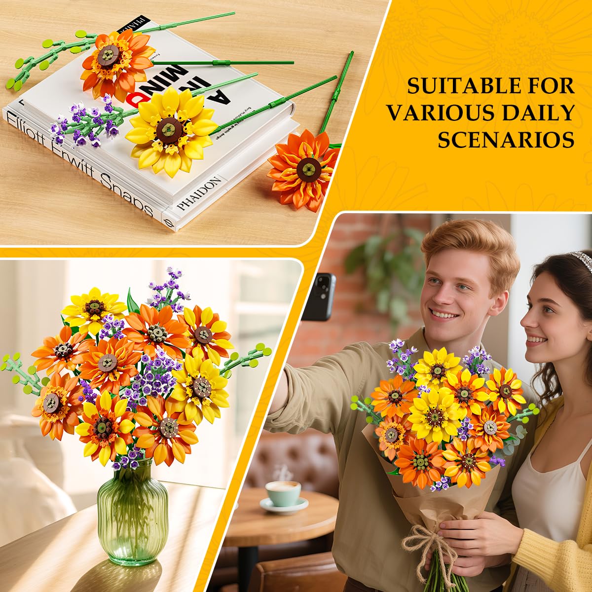 Floral decorations on books and a vase, with a couple holding flowers indoors.