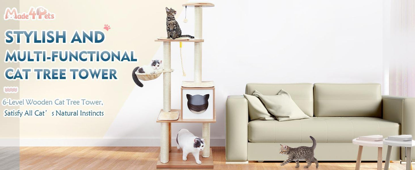 Modern Indoor Cat Tree Wooden Cat Tower Suitable For Cats, Includes Hammock, Scratching Post, And Removable Mat. Suitable For Both Large And Small Cats.