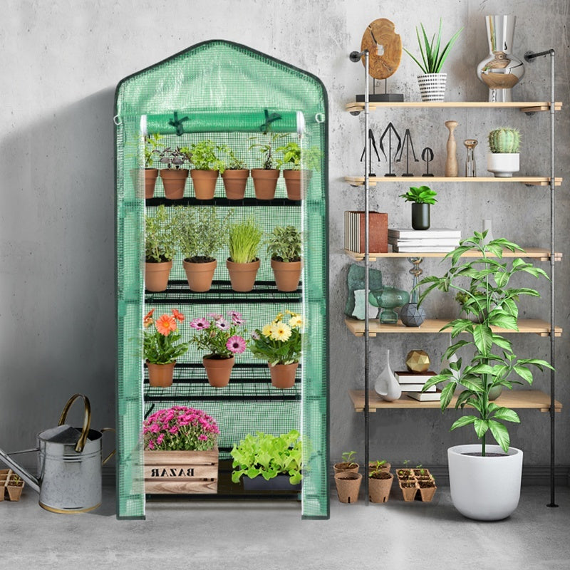 69x49x160cm PE Fabric Flower Room, Black Iron Pipe Pointed Mini Strip, 4-layer Grid Flower Rack With Zipper Roll Door