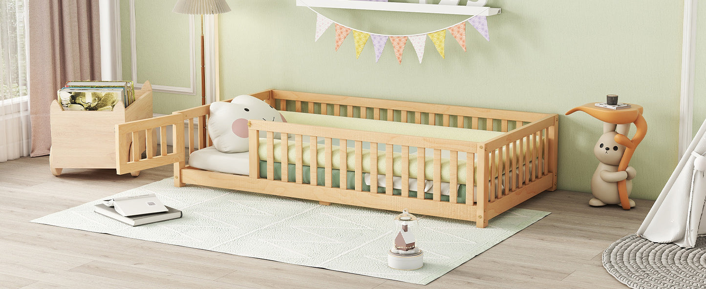 Twin Size Bed Floor Bed With Safety Guardrails And Door For Kids, Natural