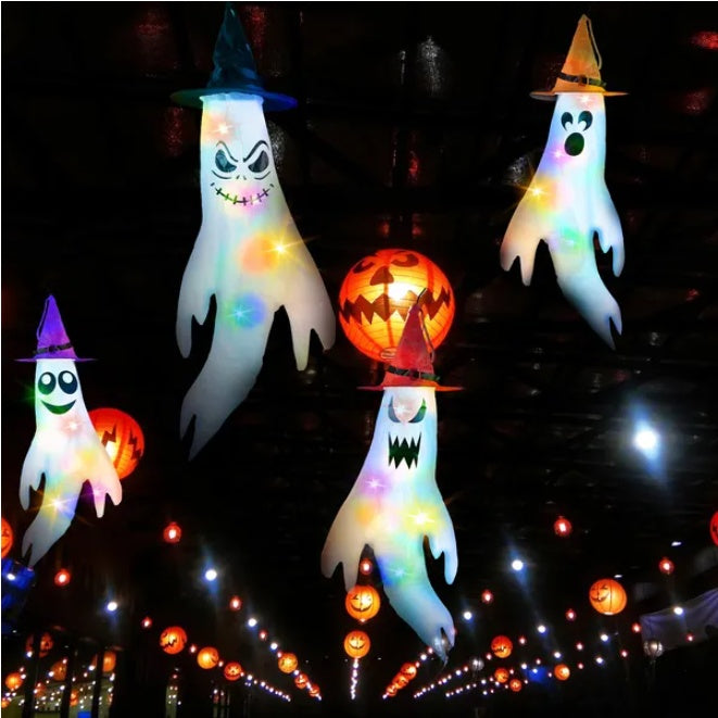 4Pcs Halloween Ghosts With Witch Hats Windsocks Hanging Decoration