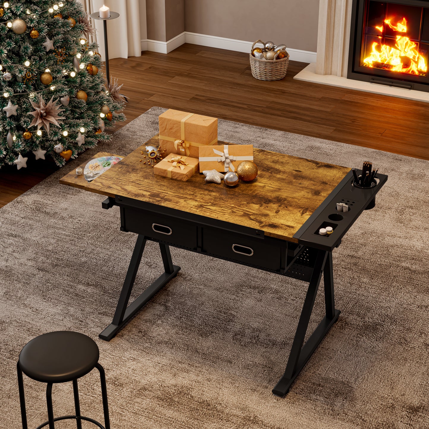 Adjustable Drawing Drafting Table Desk With 2 Drawers For Home Office And School With Stool  Wood