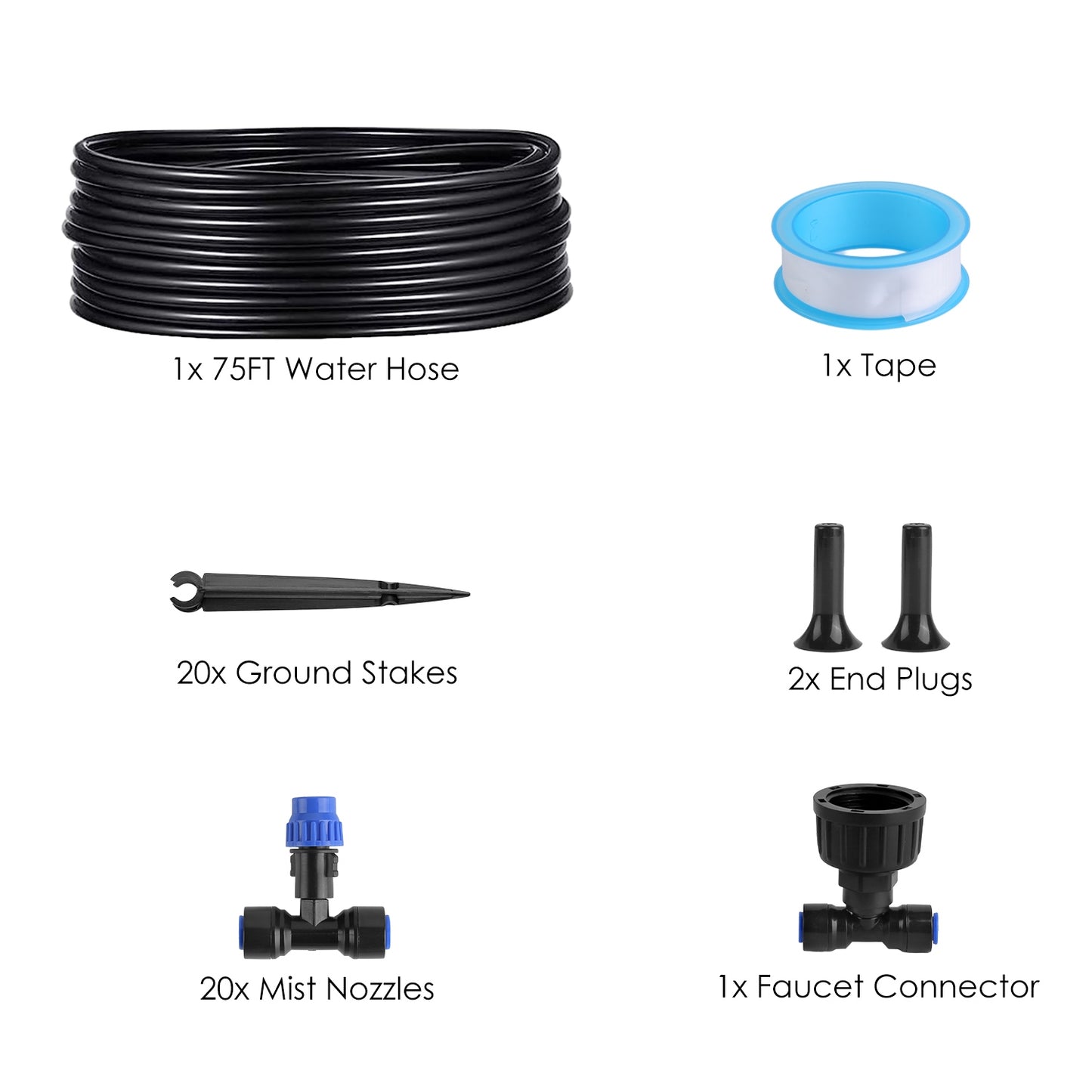 Garden irrigation kit with water hose, tape, ground stakes, end plugs, mist nozzles, and faucet connector on a white background.