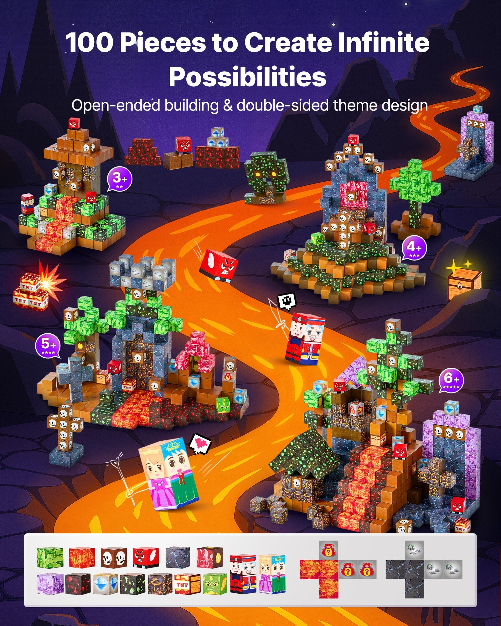 Toy building set with various structures and a path on a dark background