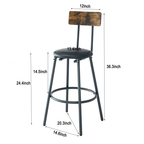 Round Bar Table And Stool Set With Shelf, Upholstered Stool With Backrest, Rustic Brown