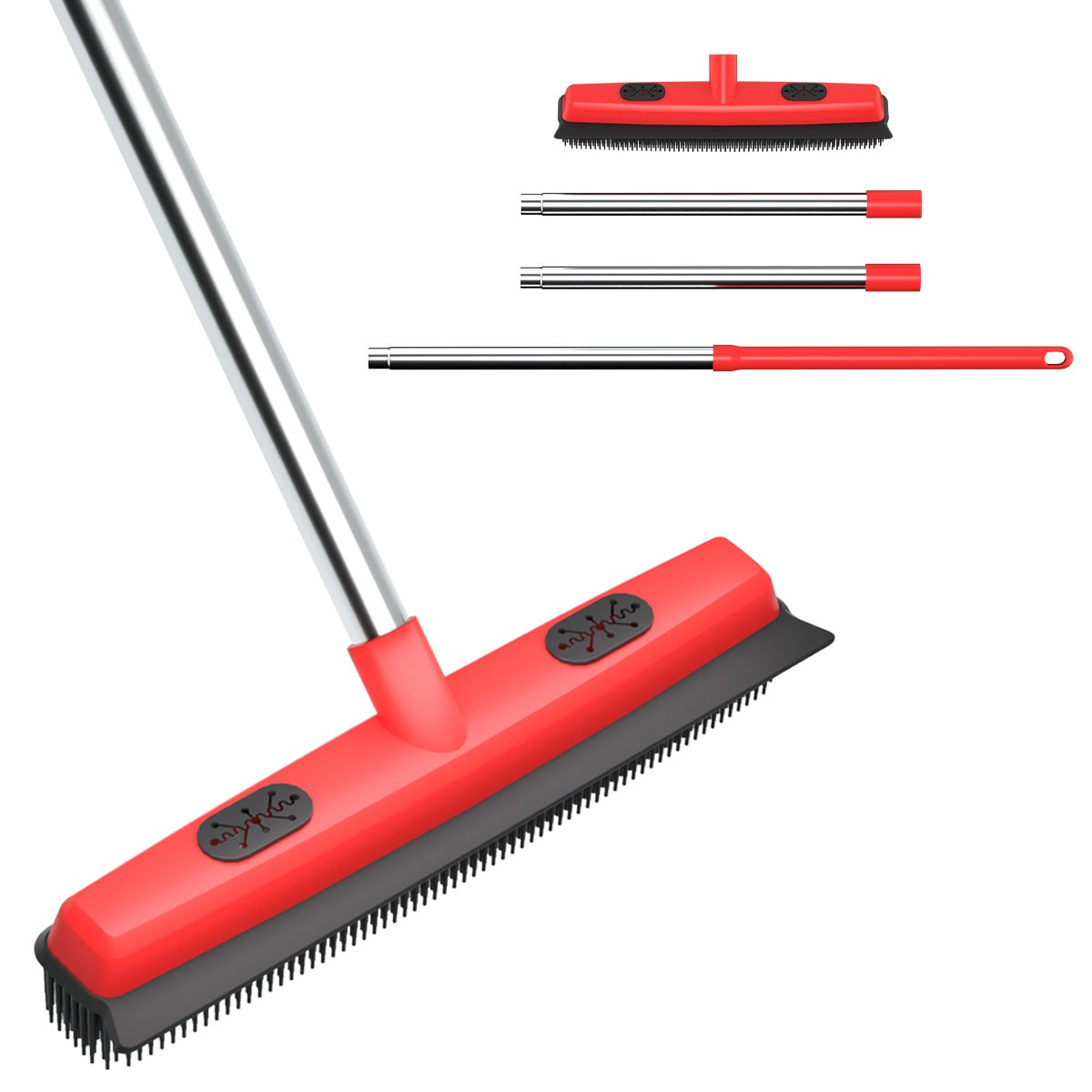 Red and black cleaning brush set with extendable handle on a white background