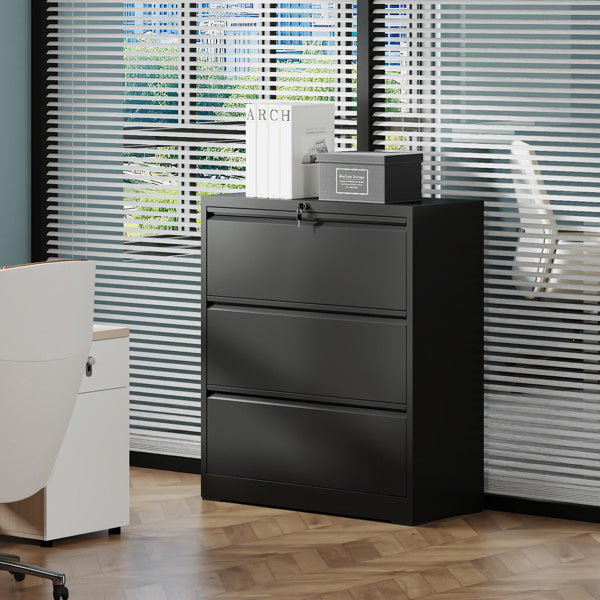 3 Drawer Lateral File Cabinet With Lock Heavy-Duty Metal Filing Cabinet For Home Office, Wide Storage For Letter Legal A4 F4, Silent Full-Extension Slides, Anti-Tilt Safety