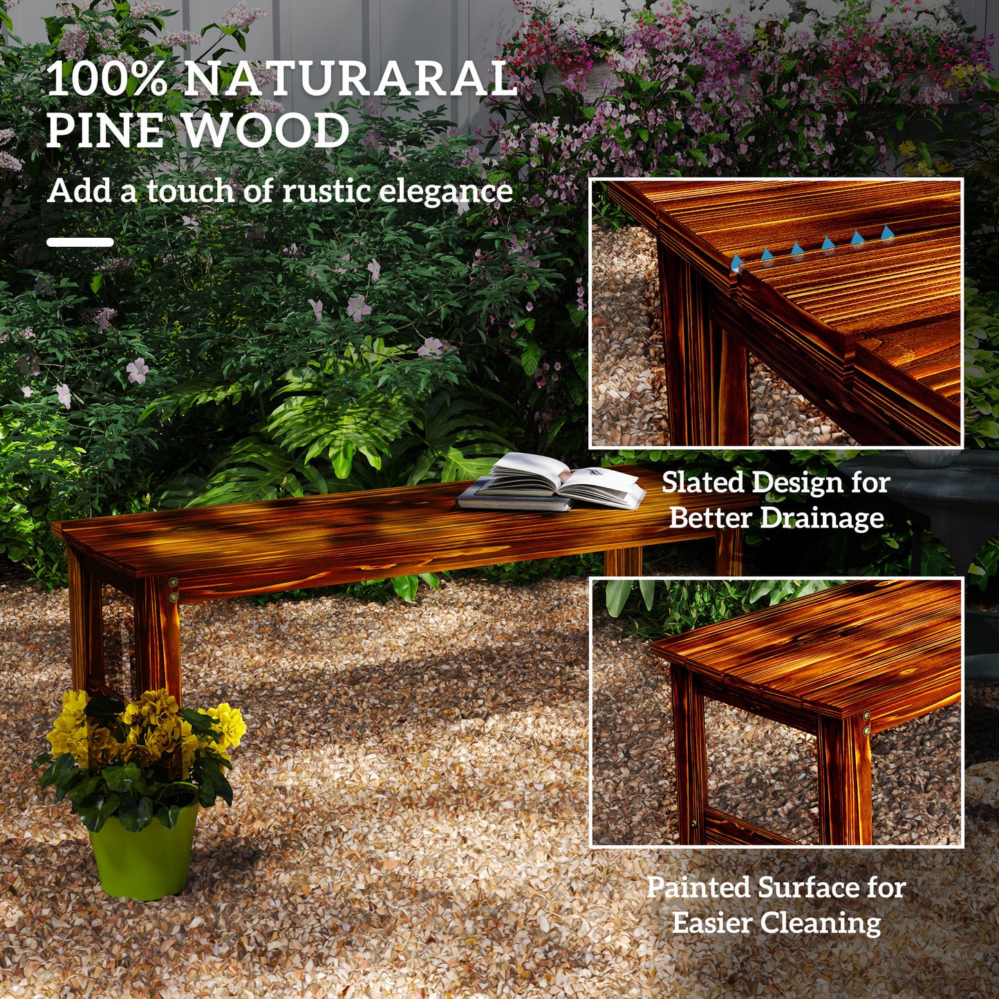 2-Seat Wood Garden Bench, Patio Bench Outdoor Bench With Slatted Seat, Backless Front Porch Bench For Park, Garden, Poolside, Deck, Carbonized