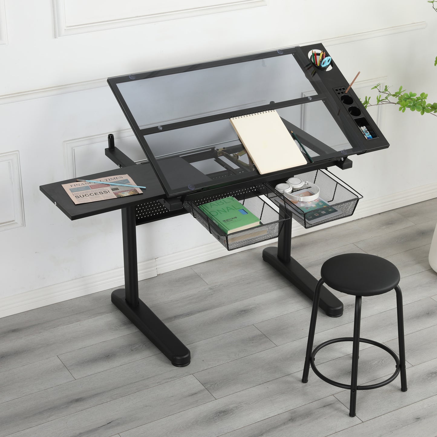 Hand Crank Adjustable Drafting Table Drawing Desk With 2 Metal Drawers  BLACK WITH STOOL
