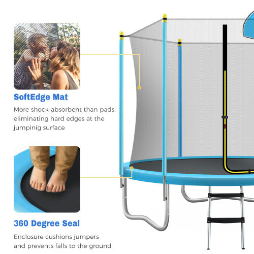 8FT Trampoline For Kids With Safety Enclosure Net, Basketball Hoop And Ladder, Easy Assembly Round Outdoor Recreational Trampoline