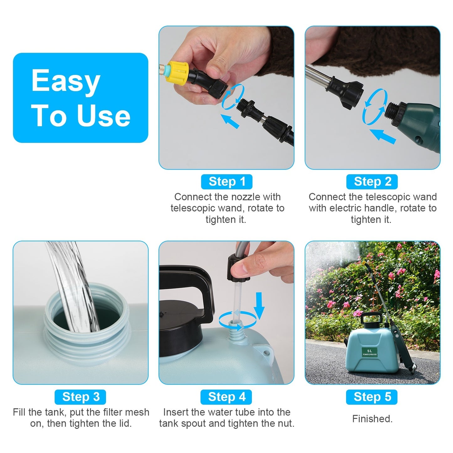 5L 1.32Gallon Battery Operated Water Sprayer Portable Garden Sprayer Electric Sprayer With Rechargeable Handle Telescopic Wand 3 Spray Nozzles Shoulder Strap For Lawn Garden