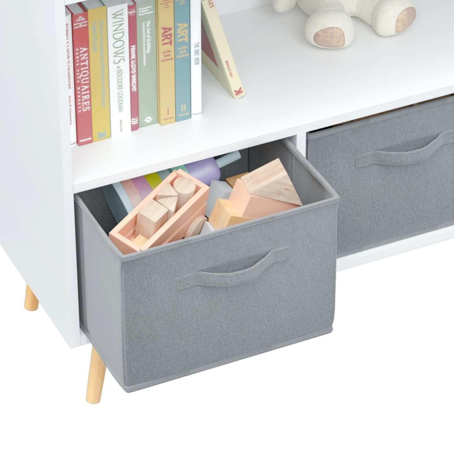 Kids Bookcase With Fabric Drawers, Children's Book Display & Toy Storage Cabinet