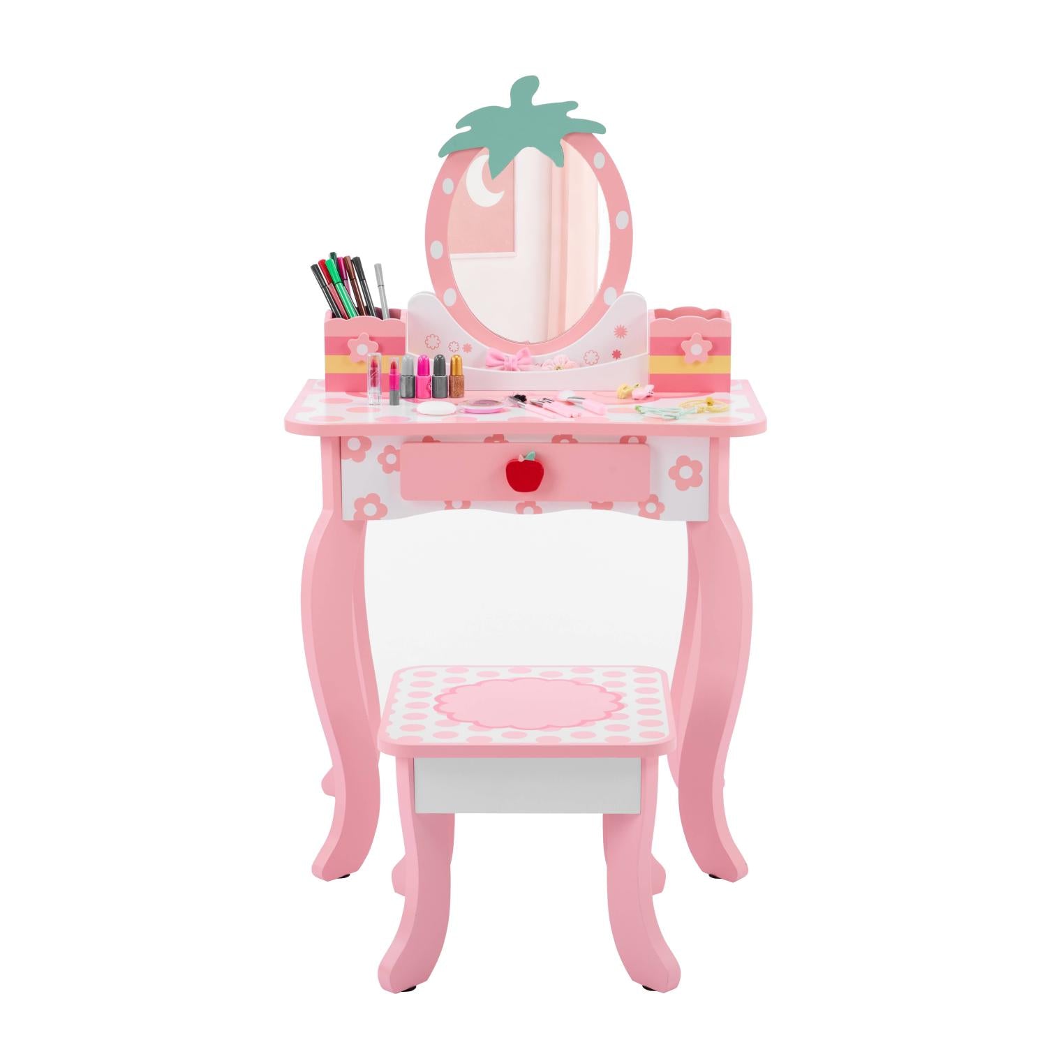 Pink children's vanity with mirror, stool, and makeup set on a white background