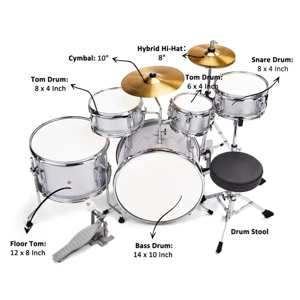 5-Pieces Junior Kids Drum Set Kit Pedal Drum Stick Wrench Drum Stool Silver