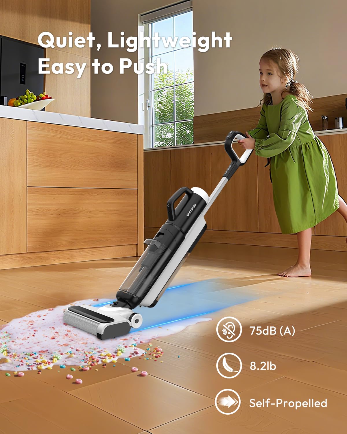 Child using a self-propelled vacuum cleaner on a wooden floor with text highlighting features.