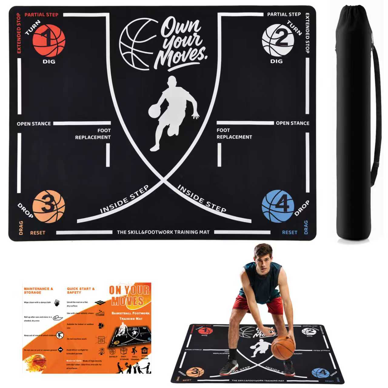 Basketball Footwork Training Mat For Beginners - 59 X 35 Inch Indoor Outdoor Skill Trainer - Visual Step Guide For Youth & Adults - Anti-Slip & Portable Drill Pad