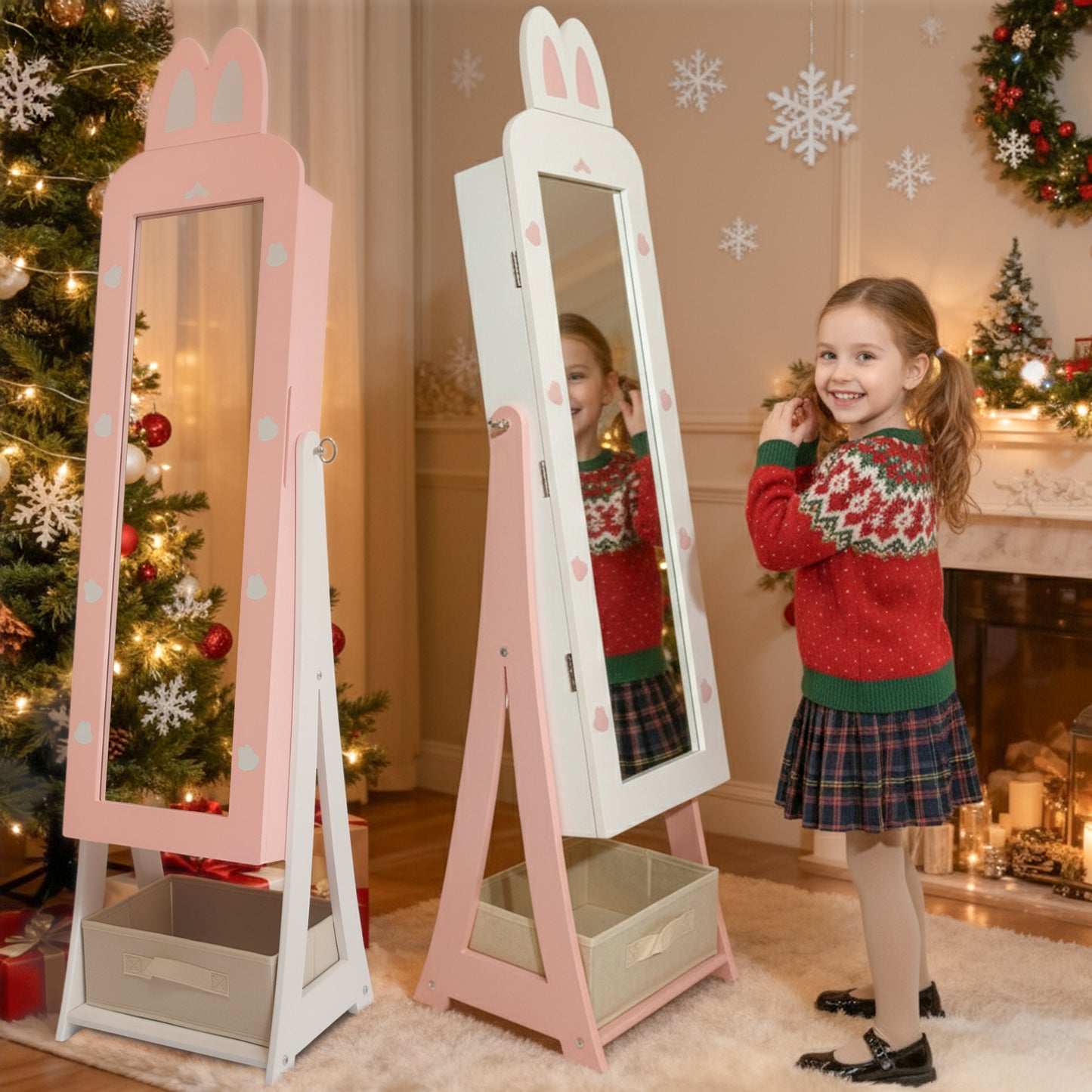 Jewelry Armoire Cabinet, Rabbit Themed Wooden Standing Jewelry Organizer W-Full-length Mirror And Storage Drawers, Children Dress Up Jewelry Cabinet For Little Girls Pink