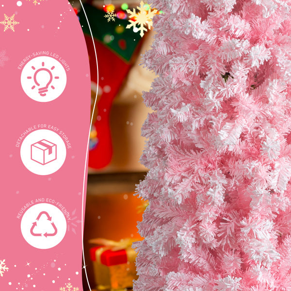 7.5 FT Snow Flocked Hinged Christmas Tree, Artificial Pencil Christmas Tree, Unlit Artificial Christmas Pine Tree With 641 Branch Tips And Sturdy Stand, Pink