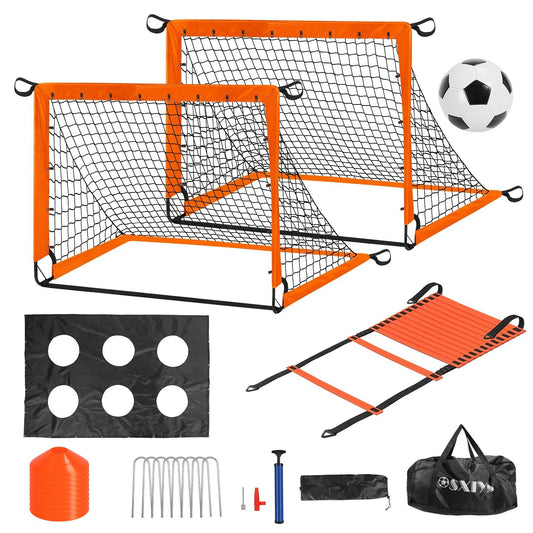 Set of soccer training equipment including goals, ball, ladder, cones, and bag on a white background.