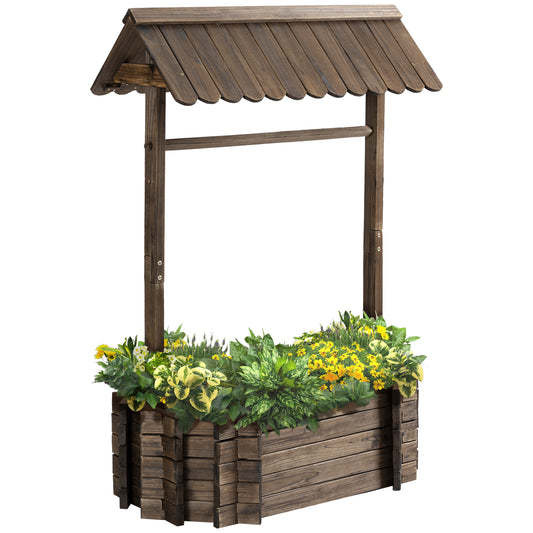 Wooden wishing well planter with flowers on a white background