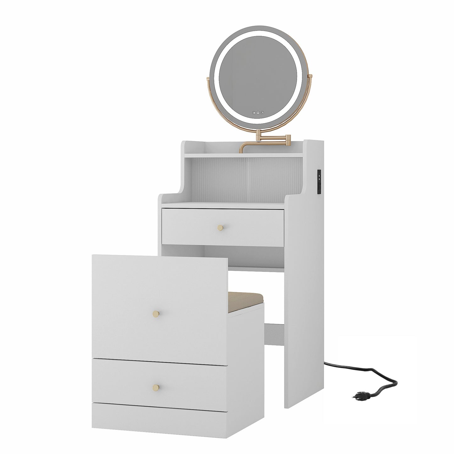 3 In 1 Vanity Desk With Mirror And Light ,Small Makeup Vanity Set With Charging Station, With 2 Drawers And Open Storage Space, With Upholstered Stool, Compact Dressing Table Writing Desk For Small Sp