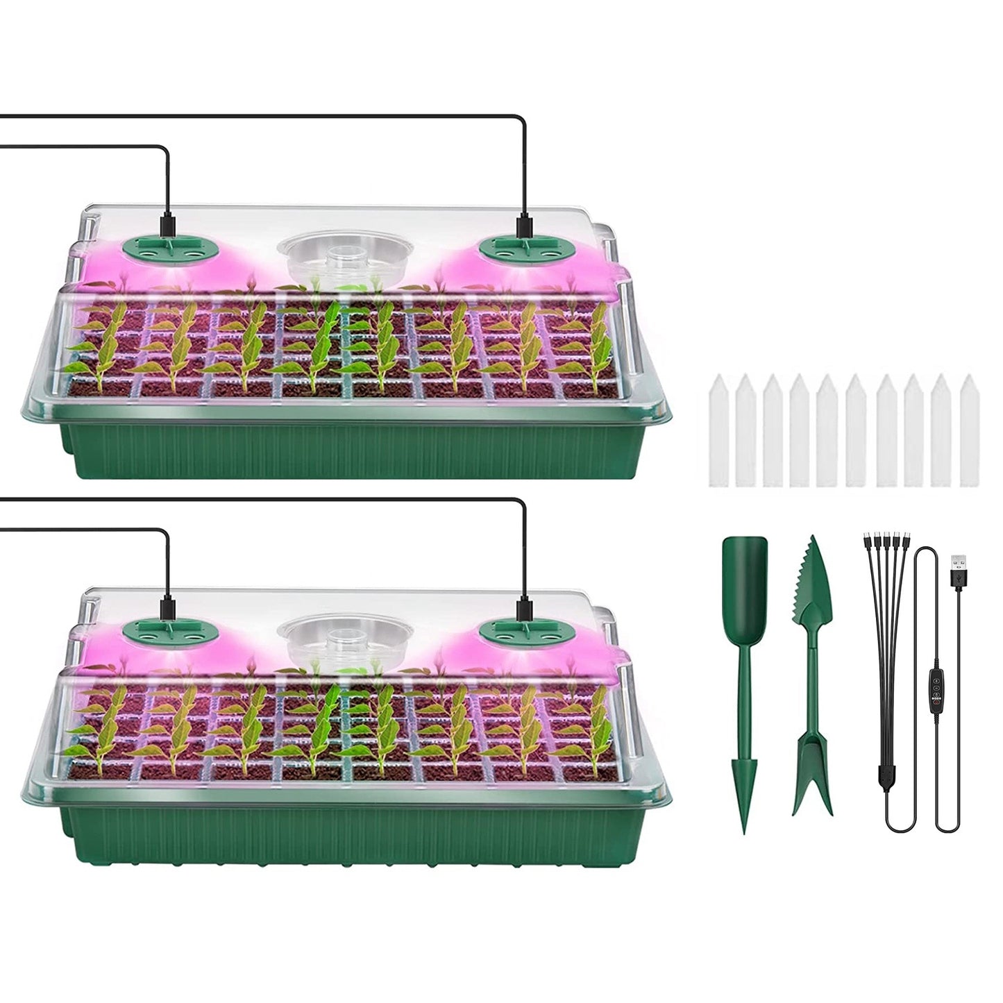 2Pcs 40 Cells Seed Starter Tray Plant Grow Light With 4 Adjustable Brightness Automatic Timing Setting Humidity Dome Plant Germination Garden