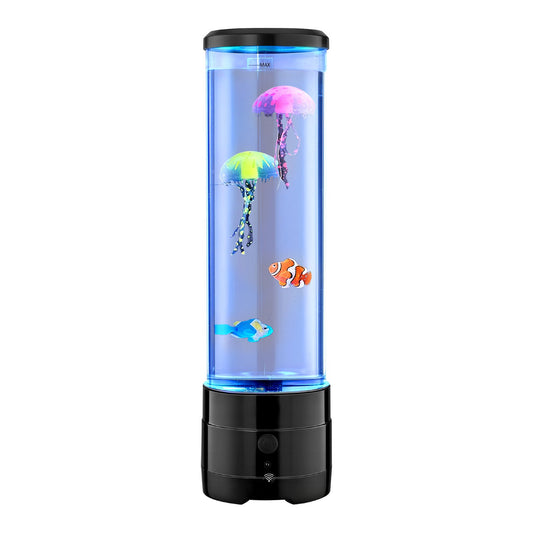 Jellyfish tank with colorful jellyfish and fish on a white background