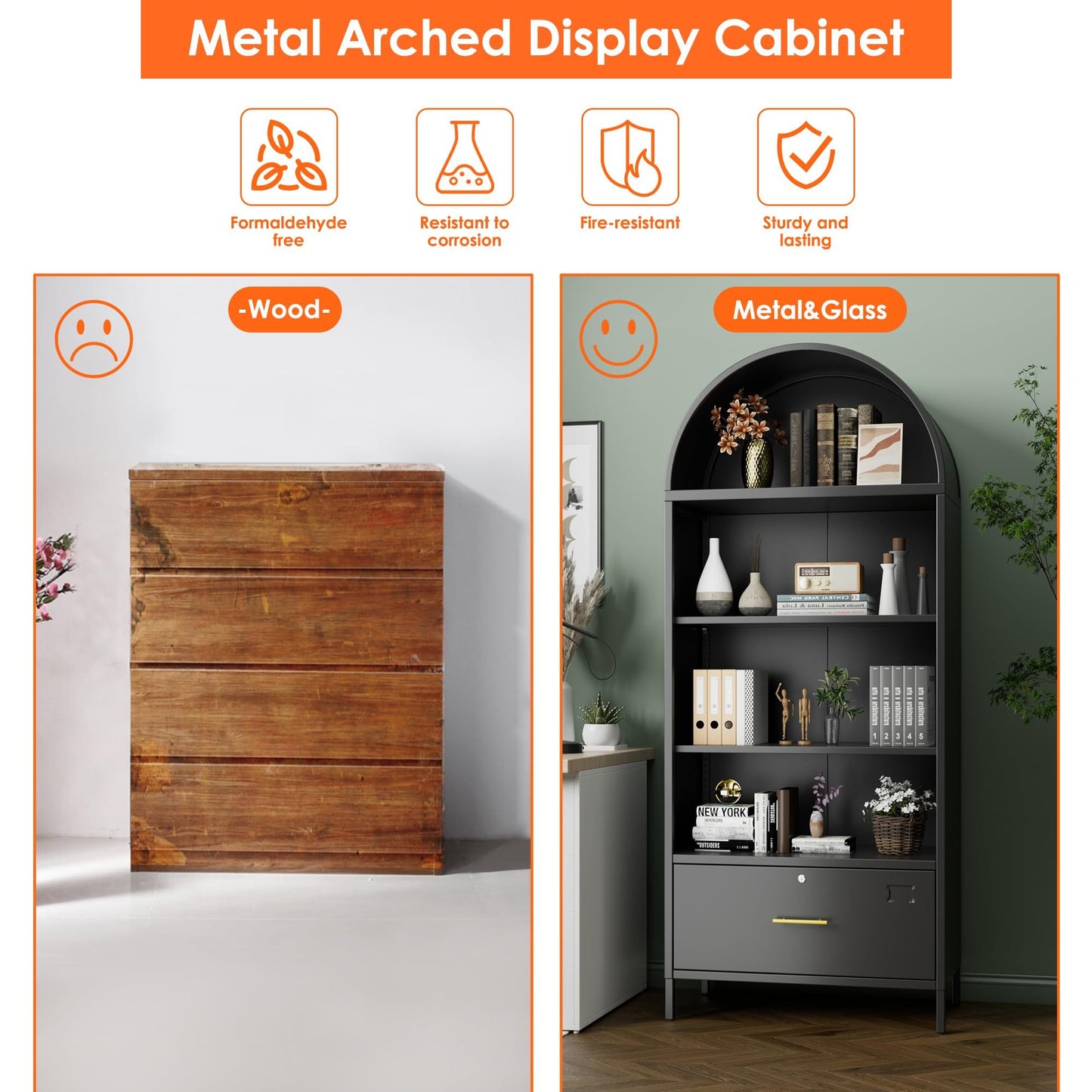 Metal Arched Household Storage Cabinet In Black And White Color