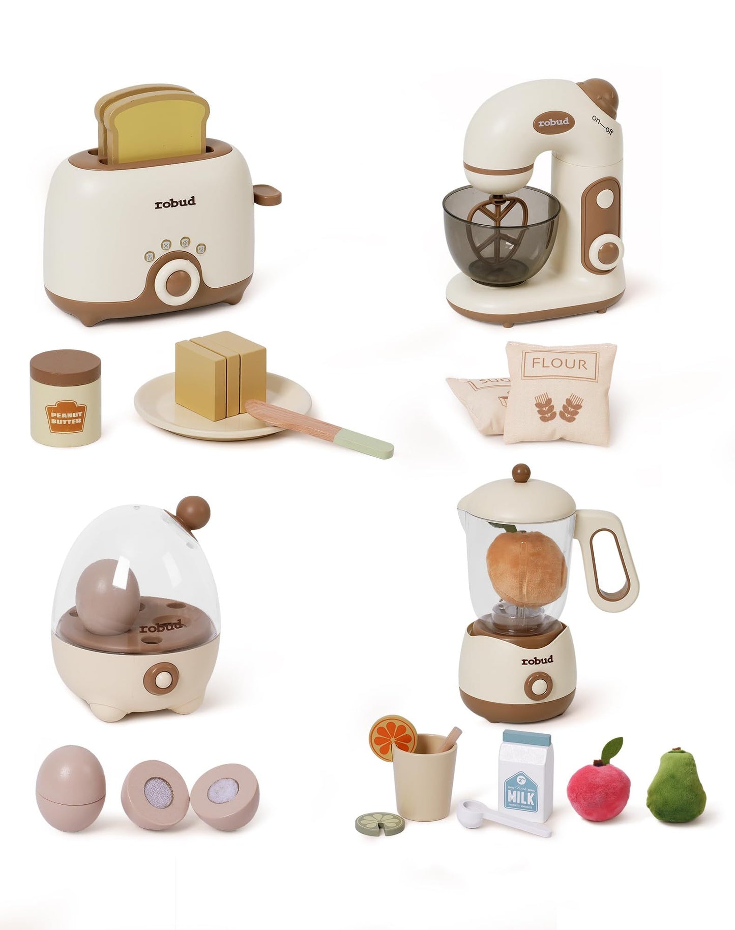 ROBOTIME Wooden Pretend Play Kitchen Playset Food Set With Bread Maker Juicer