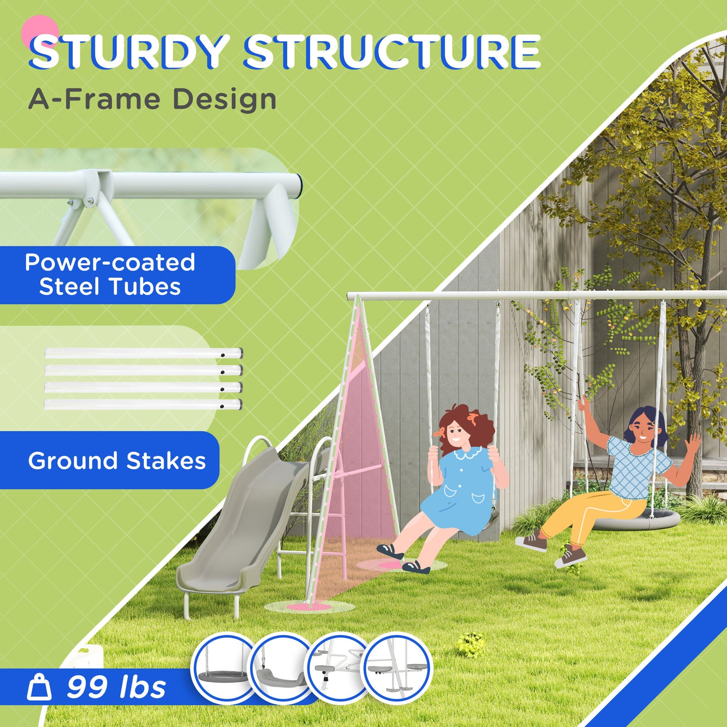 Children playing on a playground set with text highlighting features like 'Sturdy Structure', 'A-Frame Design', 'Power-coated Steel Tubes', and 'Ground Stakes'.