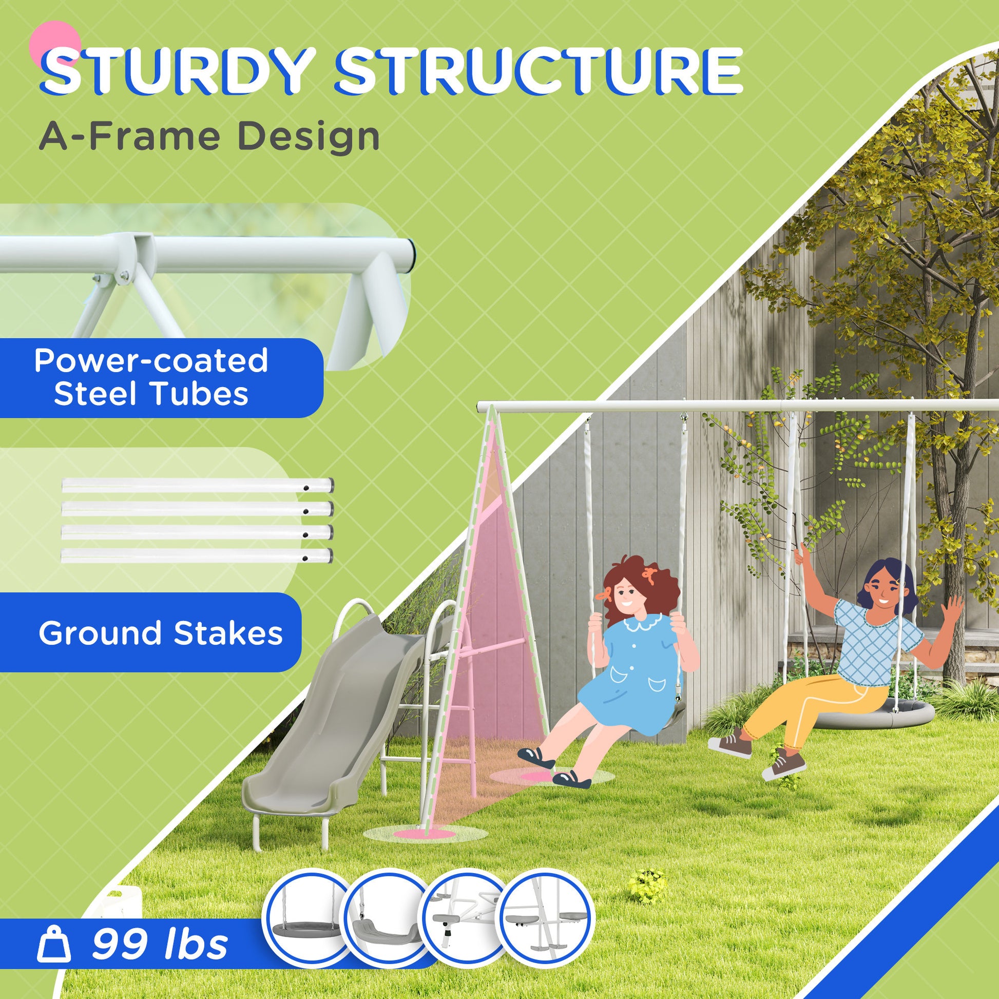 Children playing on a playground set with text highlighting features like 'Sturdy Structure', 'A-Frame Design', 'Power-coated Steel Tubes', and 'Ground Stakes'.