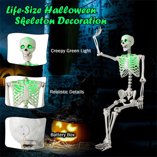 5.5ft Life-Size Pre-Lit Halloween Skeleton - Built-In Green LED Lights  Eyes Chest , Fully Poseable Joints, PP PE Material