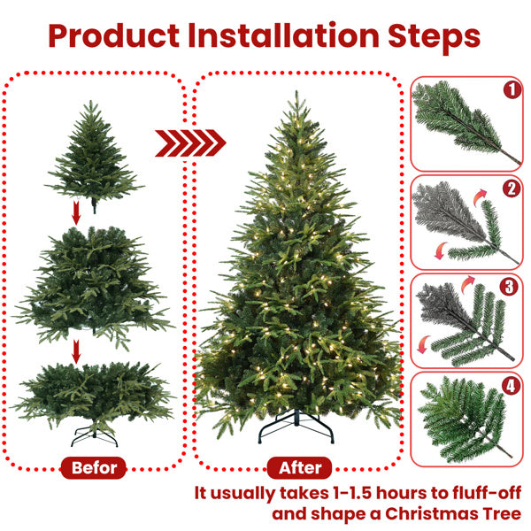 Artificial 7.5ft Green Christmas Tree With 3135 PE PVC Mixed Branch Tips, 650L Warm White Led, Steel Wire, Hinged Premium & Foldable Base For Indoor Holiday Decorating