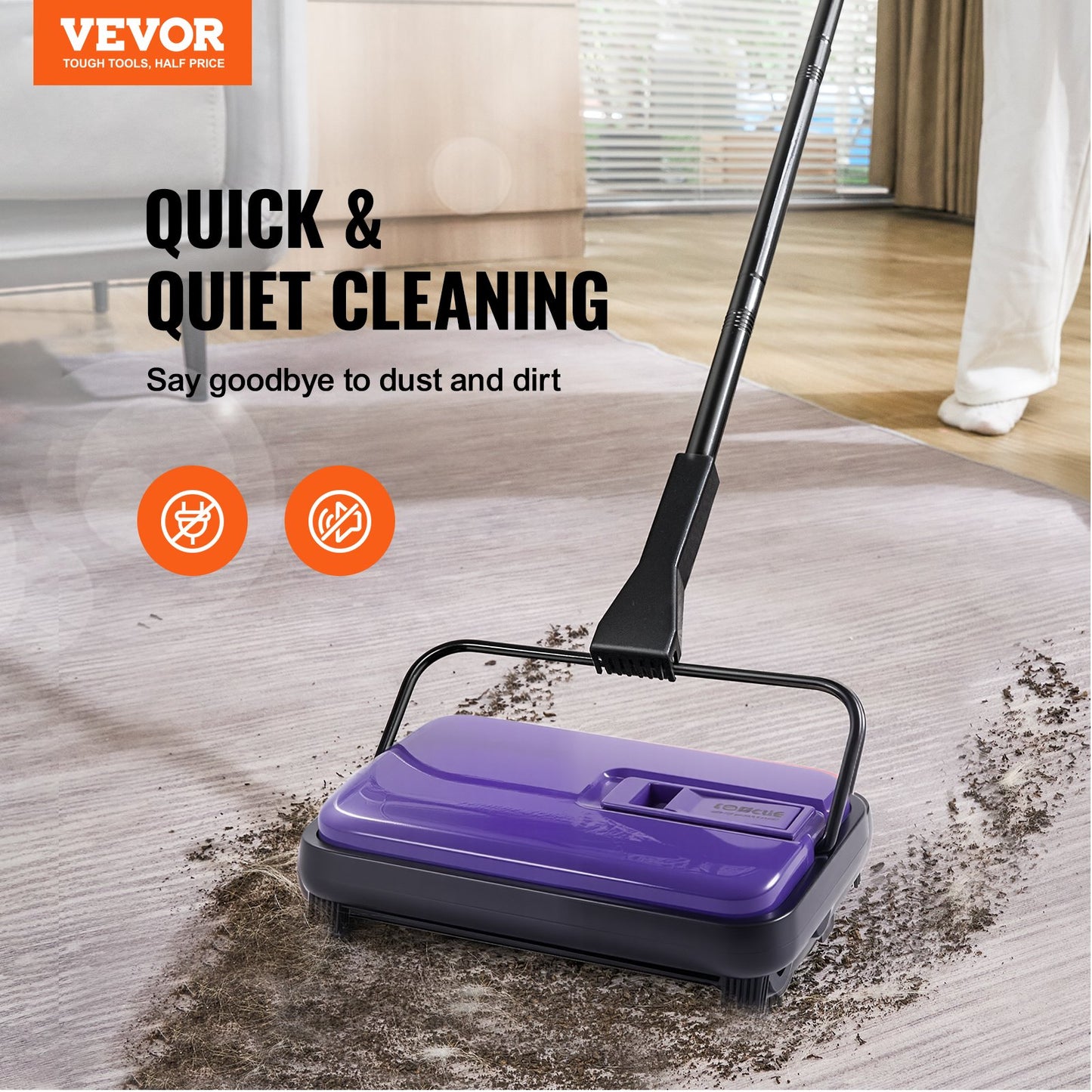 Purple floor cleaning tool on a wooden floor with VEVOR branding and text about quick and quiet cleaning.