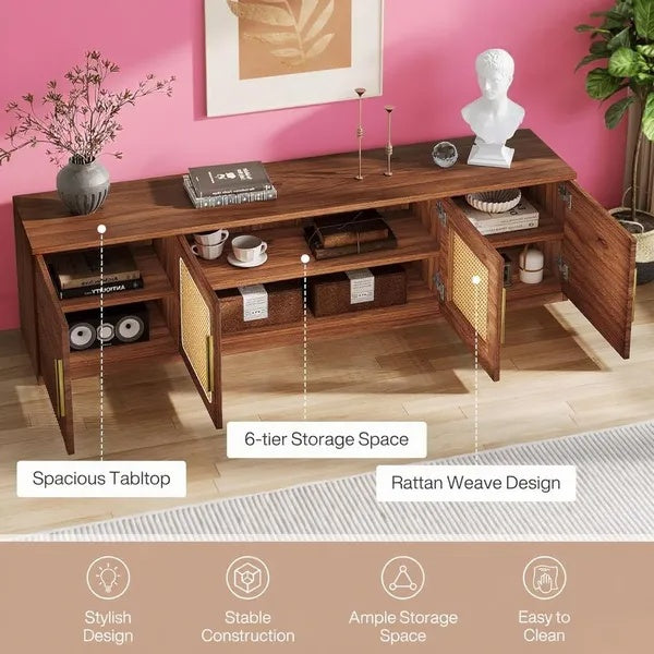 Mid-Century Rattan TV Stand Storage Modern Console