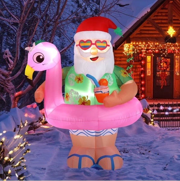 5.9 FT Lighted Christmas Inflatable Decoration, Inflatable Hawaii Santa Claus Outdoor Decoration