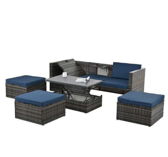 Sofa With Chaise Lounge Patio Furniture, Outdoor Furniture, Seasonal Polyethylene Wicker Furniture, 5 Piece Set of Wicker Furniture with Plywood
