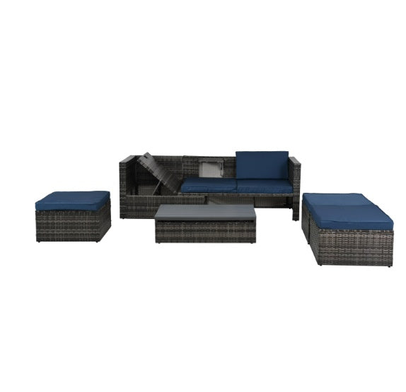 Sofa With Chaise Lounge Patio Furniture, Outdoor Furniture, Seasonal Polyethylene Wicker Furniture, 5 Piece Set of Wicker Furniture with Plywood