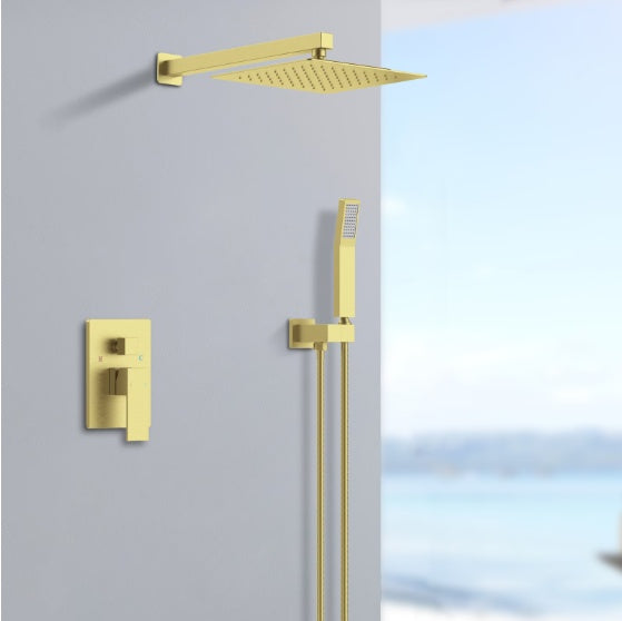 Brushed Gold Rain Shower System Shower Mixer Combo Set Wall-mounted