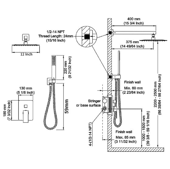 Brushed Gold Rain Shower System Shower Mixer Combo Set Wall-mounted