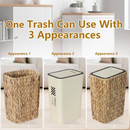 2-in-1 Wicker Bin With Pressed Top Cover, Woven Waste Paper Basket And Basket For Bathroom, Kitchen, Living Room, Bedroom
