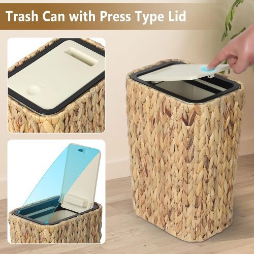 2-in-1 Wicker Bin With Pressed Top Cover, Woven Waste Paper Basket And Basket For Bathroom, Kitchen, Living Room, Bedroom